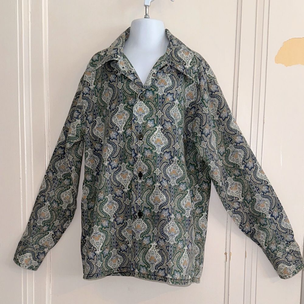 Vintage 60s/70s Billy‎ the Kid Blue & Green Paisley Button-Up Long Sleeve Shirt